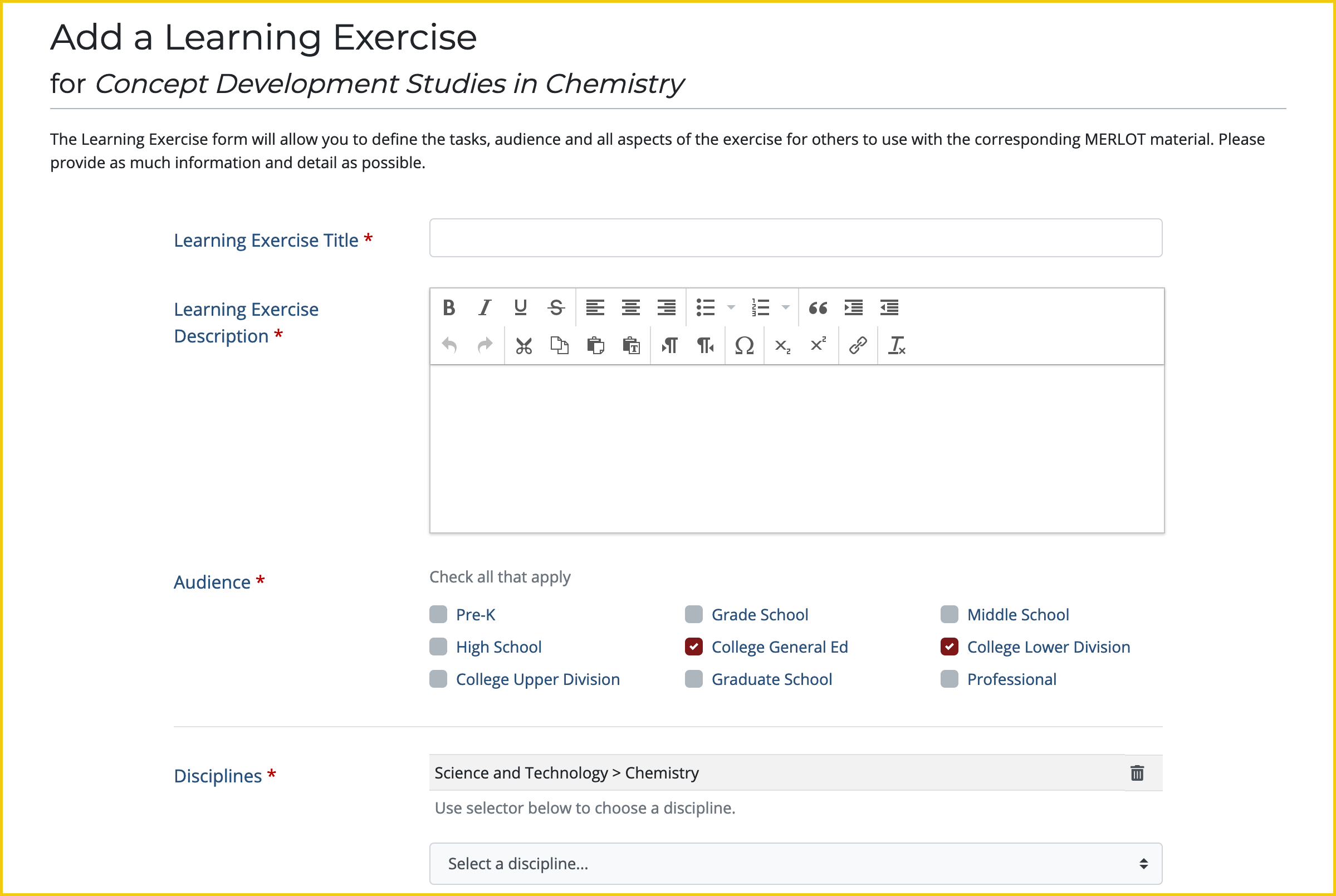 Screenshot from MERLOT showing the "add a  learning exercis" form.