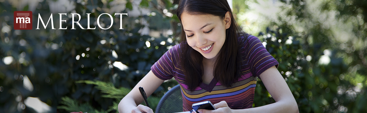 maMERLOT: Mobile Apps MERLOT. Image of student using a mobile device.