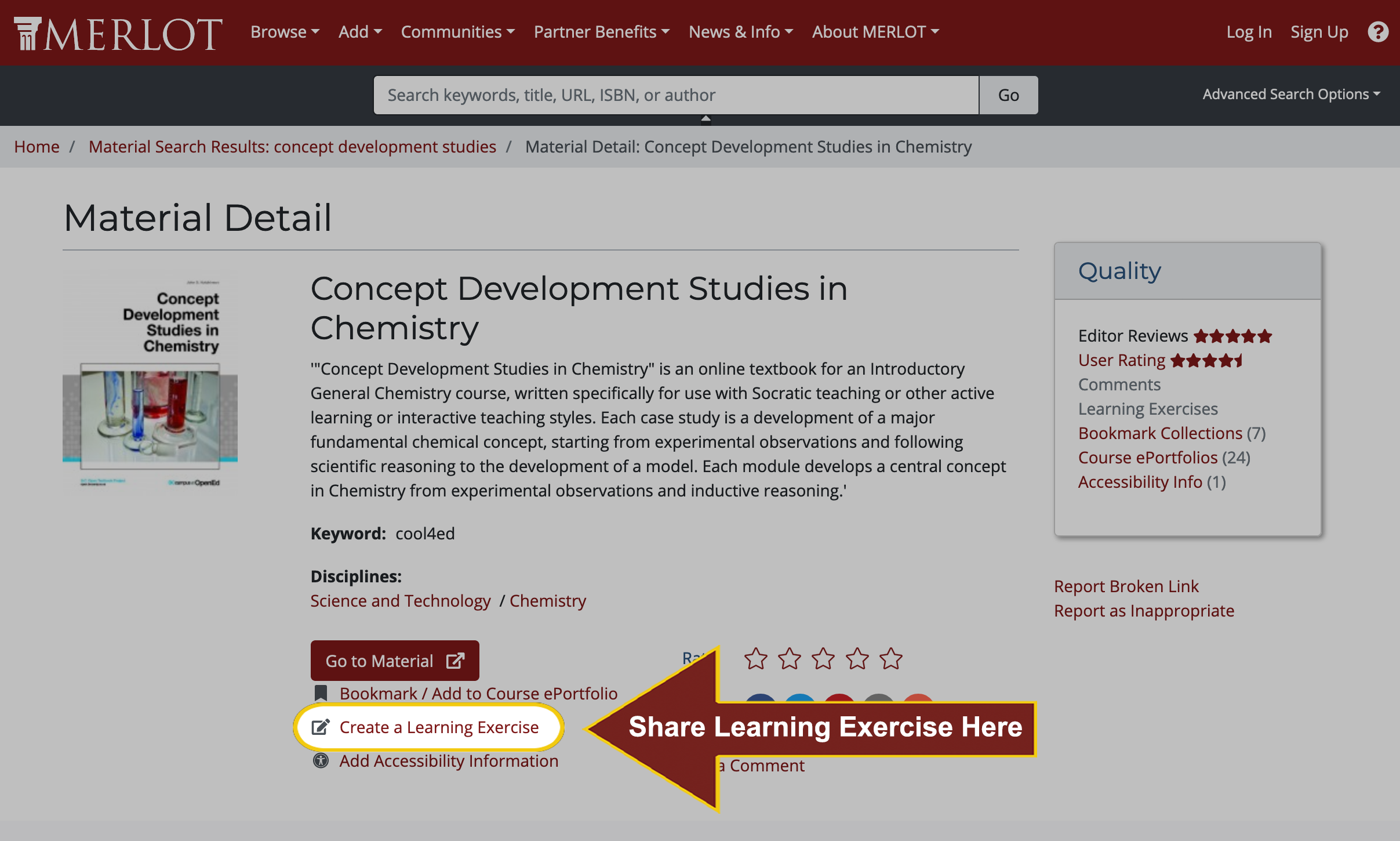 Screenshot from MERLOT.org showing option to share a learning exercise